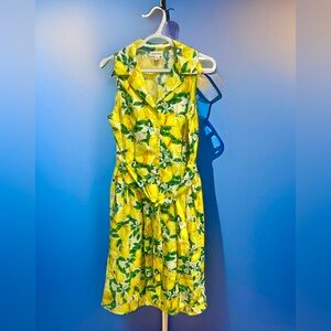 Chloe + Rene front tie sleeveless lemon print dress.